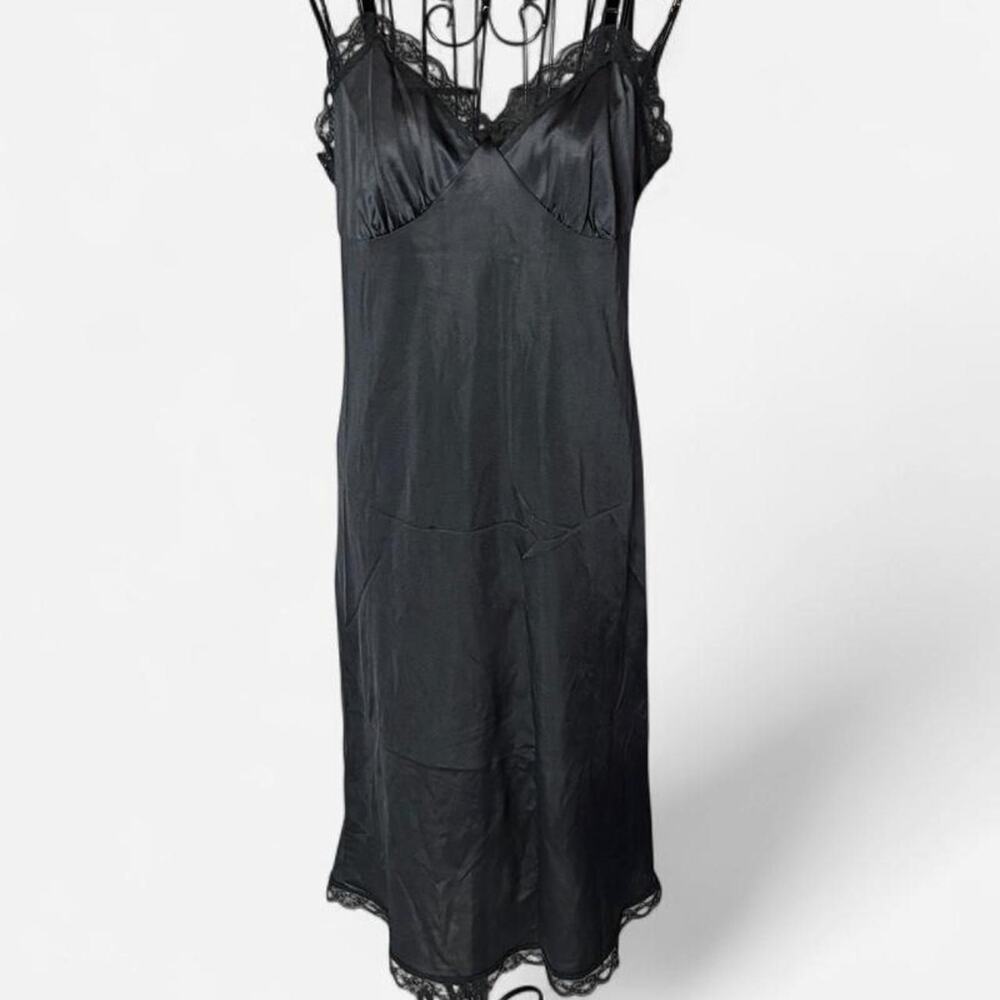 Vintage 70s 80s Deena Black Antron Nylon Lace Trim Maxi Slip Dress Size 36 M